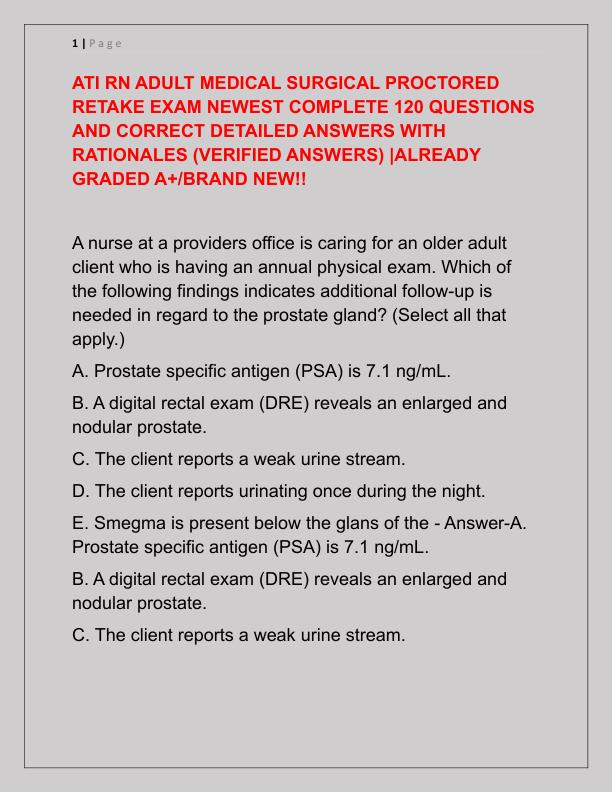 ATI RN ADULT MEDICAL SURGICAL PROCTORED RETAKE EXAM NEWEST COMPLETE 120 QUESTIONS AND CORRECT DETAILED ANSWERS WITH RATIONALES