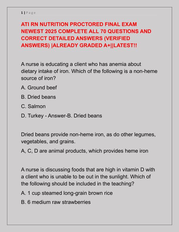 ATI RN NUTRITION PROCTORED FINAL EXAM NEWEST 2025 COMPLETE ALL 70 QUESTIONS AND CORRECT DETAILED ANSWERS