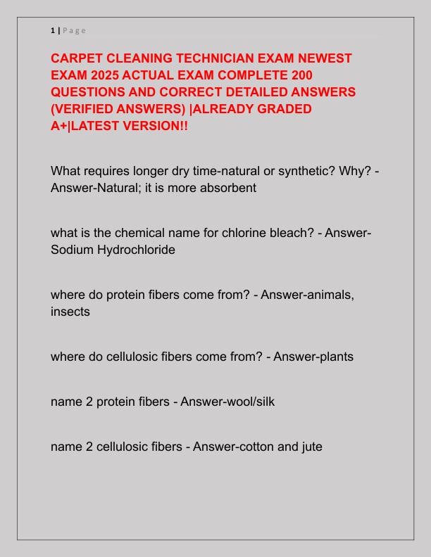 CARPET CLEANING TECHNICIAN EXAM NEWEST EXAM 2025 ACTUAL EXAM COMPLETE 200 QUESTIONS AND CORRECT DETAILED ANSWERS