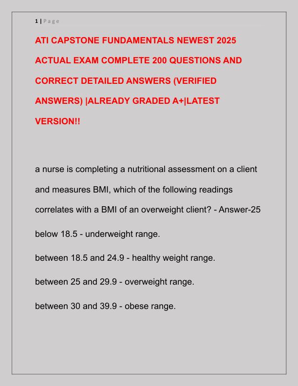 ATI CAPSTONE FUNDAMENTALS NEWEST 2025 ACTUAL EXAM COMPLETE 200 QUESTIONS AND CORRECT DETAILED ANSWERS