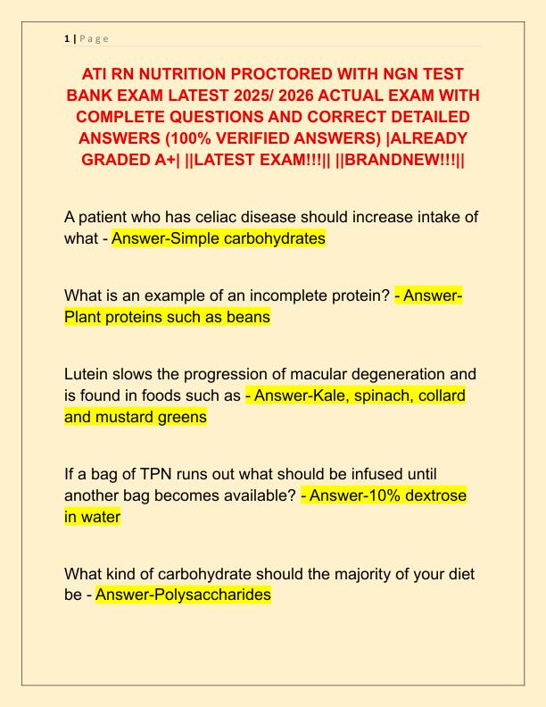 ATI RN NUTRITION PROCTORED WITH NGN TEST BANK EXAM LATEST 2025