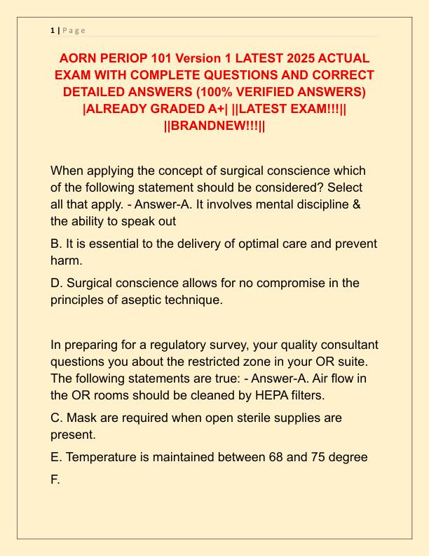 AORN PERIOP 101 Version 1 LATEST 2025 ACTUAL EXAM WITH COMPLETE QUESTIONS AND CORRECT DETAILED ANSWERS