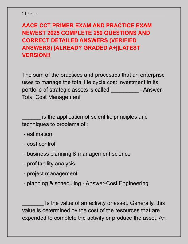 AACE CCT PRIMER EXAM AND PRACTICE EXAM NEWEST 2025 COMPLETE 250 QUESTIONS AND CORRECT DETAILED ANSWERS