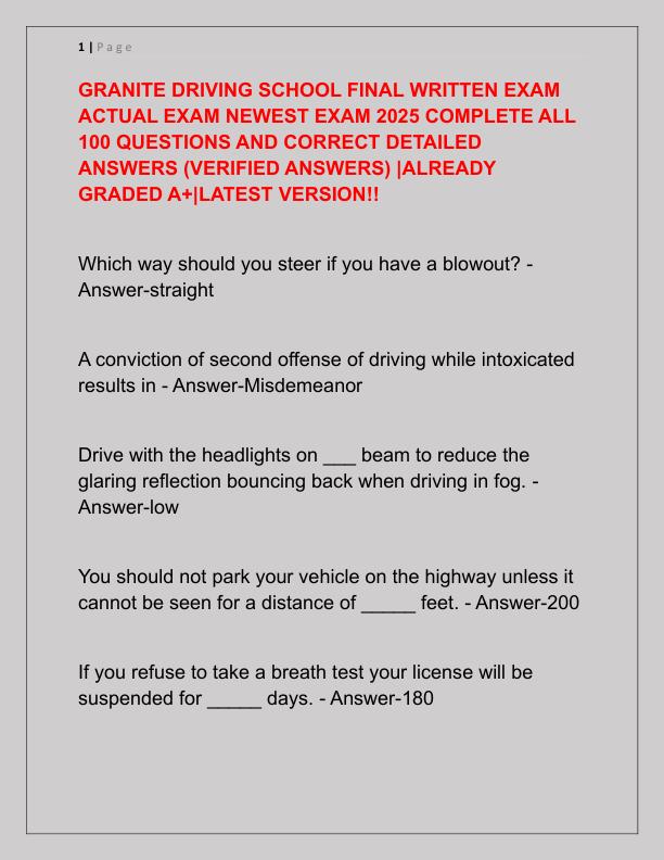GRANITE DRIVING SCHOOL FINAL WRITTEN EXAM ACTUAL EXAM NEWEST EXAM 2025 COMPLETE ALL 100 QUESTIONS AND CORRECT DETAILED ANSWERS
