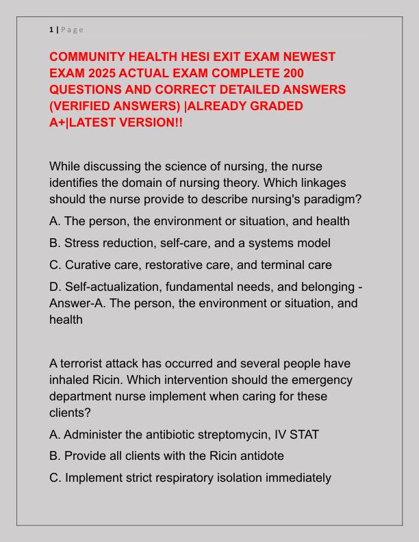 COMMUNITY HEALTH HESI EXIT EXAM NEWEST EXAM 2025 ACTUAL EXAM COMPLETE 200 QUESTIONS AND CORRECT DETAILED ANSWERS