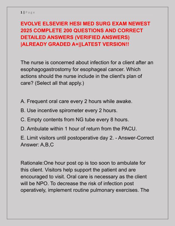 EVOLVE ELSEVIER HESI MED SURG EXAM NEWEST 2025 COMPLETE 200 QUESTIONS AND CORRECT DETAILED ANSWERS