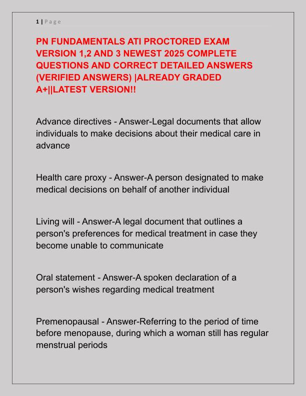 PN FUNDAMENTALS ATI PROCTORED EXAM VERSION 1