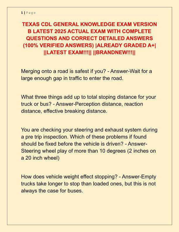 TEXAS CDL GENERAL KNOWLEDGE EXAM VERSION B LATEST 2025 ACTUAL EXAM WITH COMPLETE QUESTIONS AND CORRECT DETAILED ANSWERS
