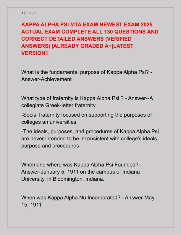 KAPPA ALPHA PSI MTA EXAM NEWEST EXAM 2025 ACTUAL EXAM COMPLETE ALL 130 QUESTIONS AND CORRECT DETAILED ANSWERS