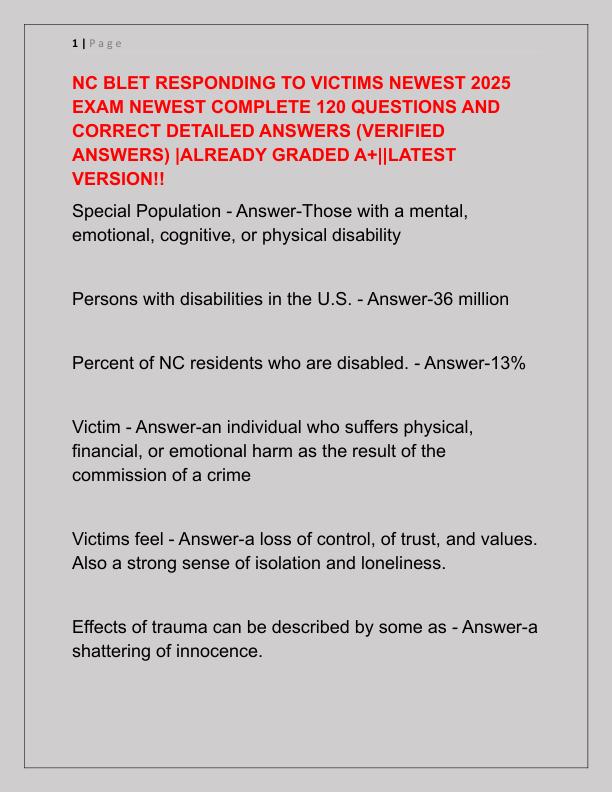 NC BLET RESPONDING TO VICTIMS NEWEST 2025 EXAM NEWEST COMPLETE 120 QUESTIONS AND CORRECT DETAILED ANSWERS