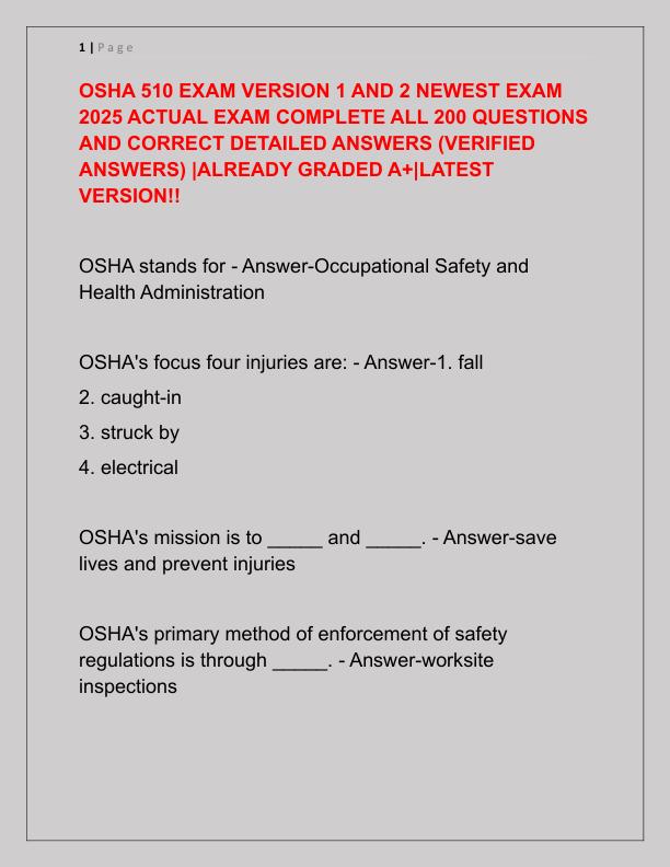 OSHA 510 EXAM VERSION 1 AND 2 NEWEST EXAM 2025 ACTUAL EXAM COMPLETE ALL 200 QUESTIONS AND CORRECT DETAILED ANSWERS
