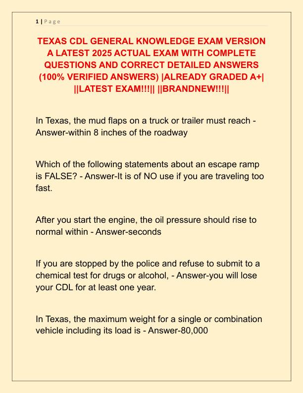 TEXAS CDL GENERAL KNOWLEDGE EXAM VERSION A LATEST 2025 ACTUAL EXAM WITH COMPLETE QUESTIONS AND CORRECT DETAILED ANSWERS