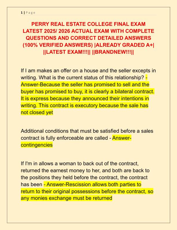 PERRY REAL ESTATE COLLEGE FINAL EXAM LATEST 2025