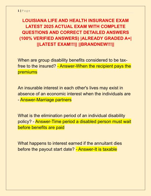 LOUISIANA LIFE AND HEALTH INSURANCE EXAM LATEST 2025 ACTUAL EXAM WITH COMPLETE QUESTIONS AND CORRECT DETAILED ANSWERS