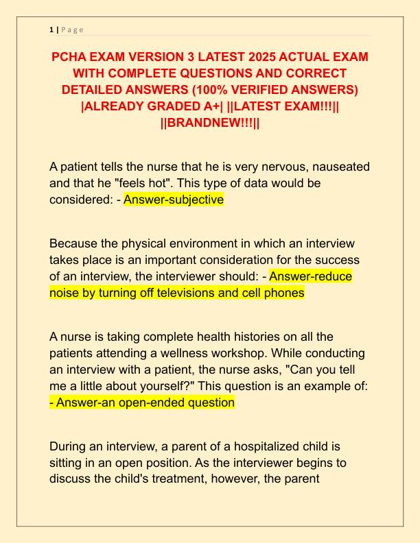 PCHA EXAM VERSION 3 LATEST 2025 ACTUAL EXAM WITH COMPLETE QUESTIONS AND CORRECT DETAILED ANSWERS