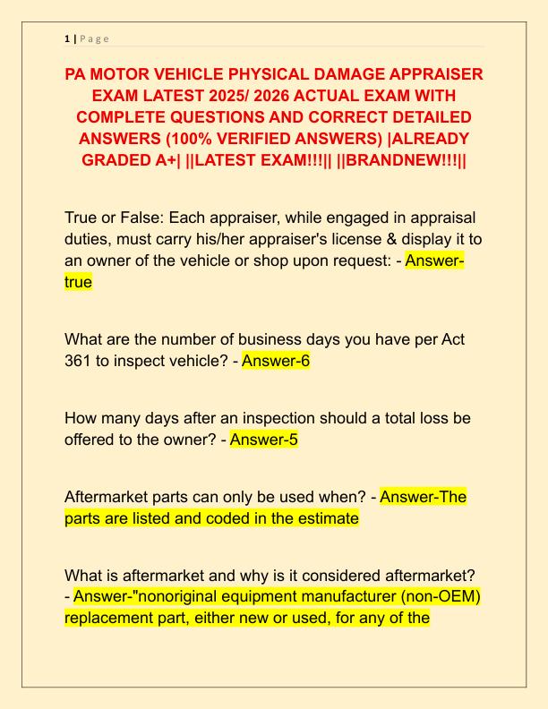 PA MOTOR VEHICLE PHYSICAL DAMAGE APPRAISER EXAM LATEST 2025