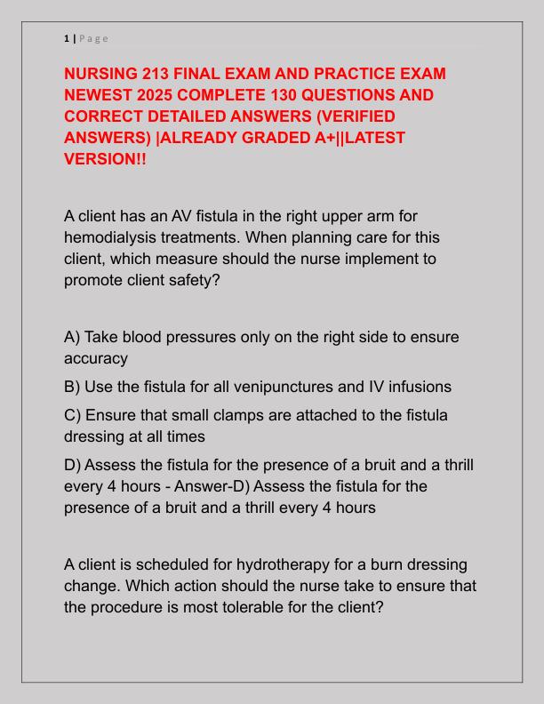 NURSING 213 FINAL EXAM AND PRACTICE EXAM NEWEST 2025 COMPLETE 130 QUESTIONS AND CORRECT DETAILED ANSWERS