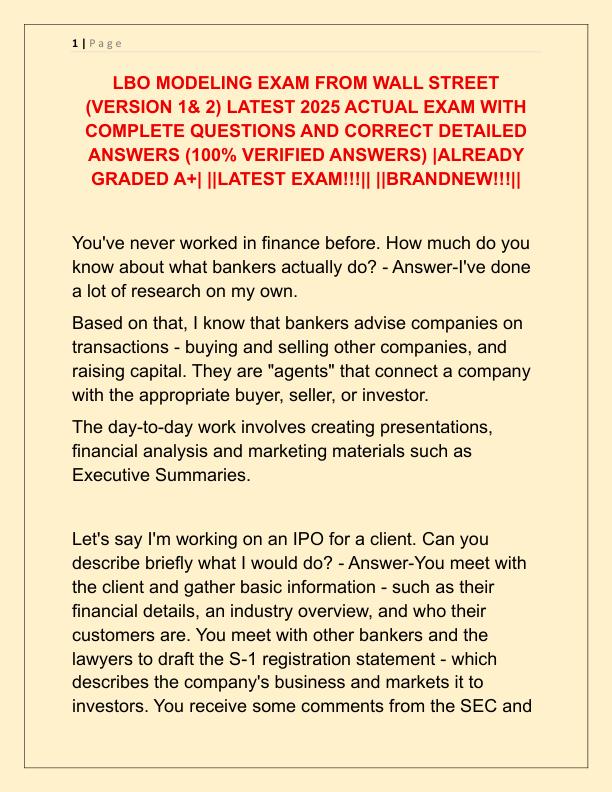 LBO MODELING EXAM FROM WALL STREET