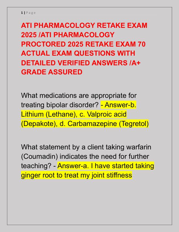 ATI PHARMACOLOGY RETAKE EXAM 2025