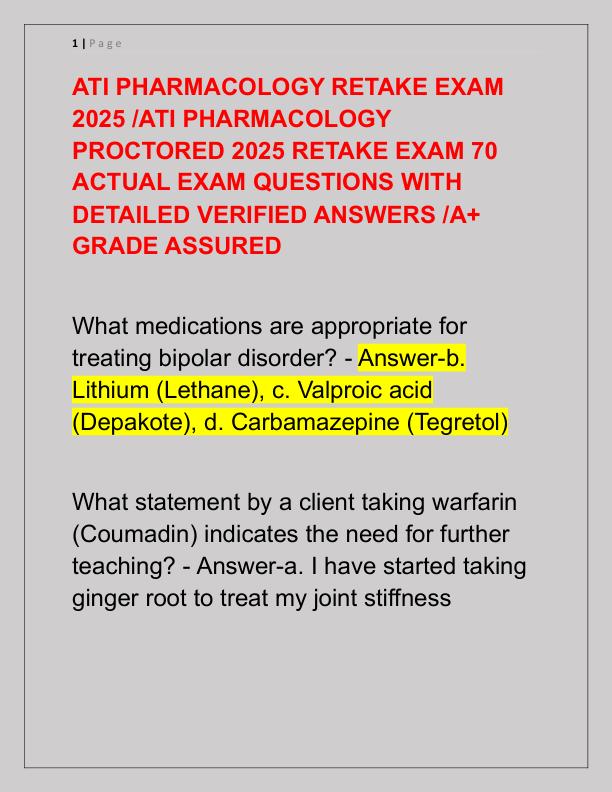 ATI PHARMACOLOGY RETAKE EXAM 2021