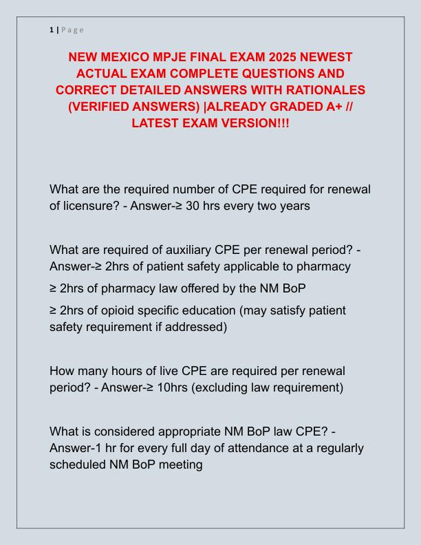 NEW MEXICO MPJE FINAL EXAM 2025 NEWEST ACTUAL EXAM COMPLETE QUESTIONS AND CORRECT DETAILED ANSWERS WITH RATIONALES
