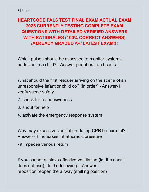 HEARTCODE PALS TEST FINAL EXAM ACTUAL EXAM 2025 CURRENTLY TESTING COMPLETE EXAM QUESTIONS WITH DETAILED VERIFIED ANSWERS WITH RATIONALES