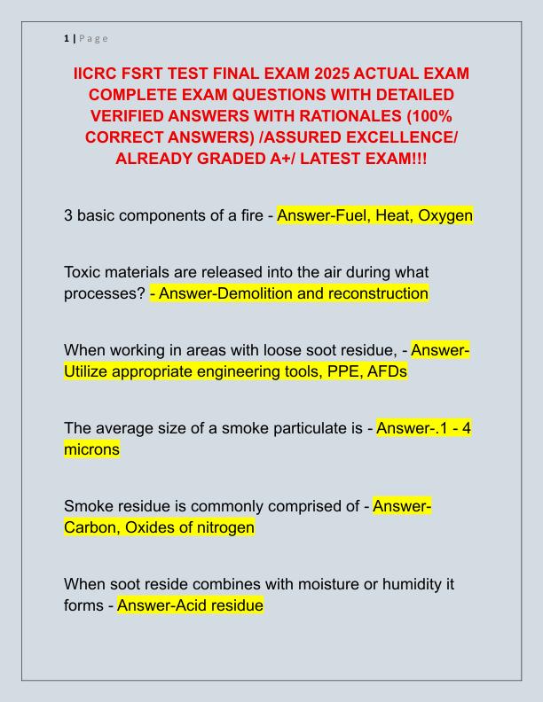 IICRC FSRT TEST FINAL EXAM 2025 ACTUAL EXAM COMPLETE EXAM QUESTIONS WITH DETAILED VERIFIED ANSWERS WITH RATIONALES