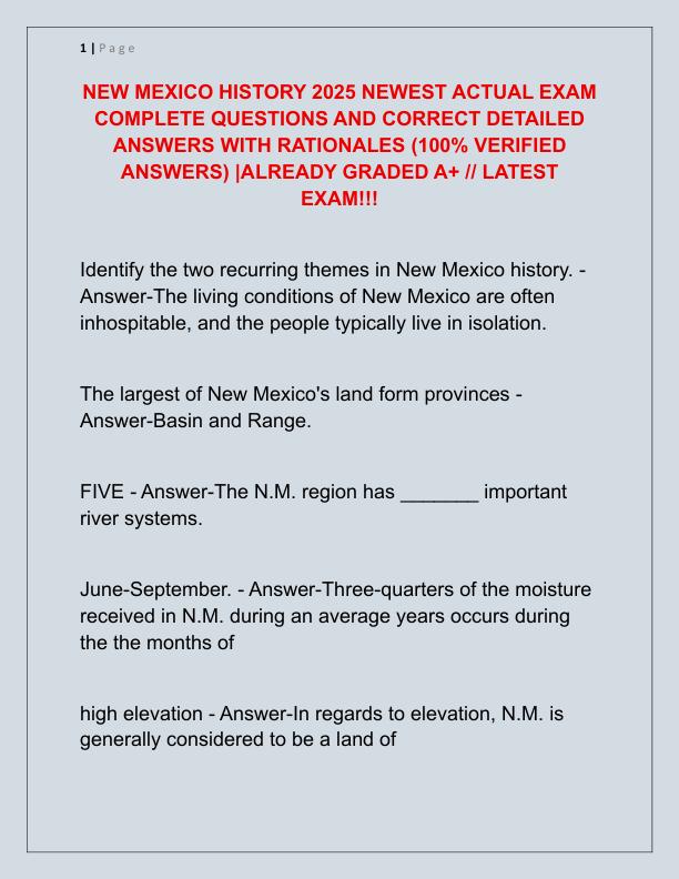 NEW MEXICO HISTORY 2025 NEWEST ACTUAL EXAM COMPLETE QUESTIONS AND CORRECT DETAILED ANSWERS WITH RATIONALES