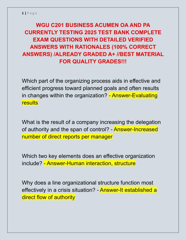 WGU C201 BUSINESS ACUMEN OA AND PA CURRENTLY TESTING 2025 TEST BANK COMPLETE EXAM QUESTIONS WITH DETAILED VERIFIED ANSWERS WITH RATIONALES