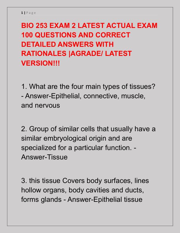 BIO 253 EXAM 2 LATEST ACTUAL EXAM 100 QUESTIONS AND CORRECT DETAILED ANSWERS WITH RATIONALES