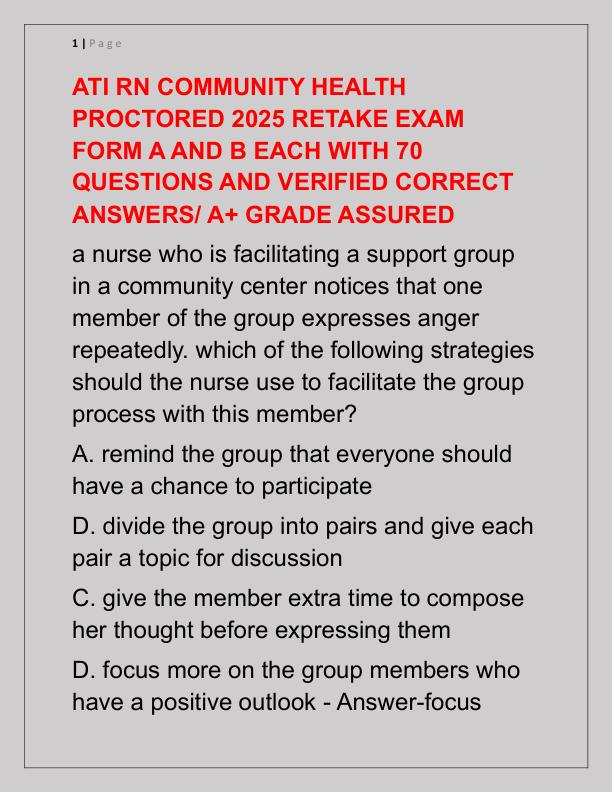 ATI RN COMMUNITY HEALTH PROCTORED 2025 RETAKE EXAM FORM A AND B EACH WITH 70 QUESTIONS AND VERIFIED CORRECT ANSWERS