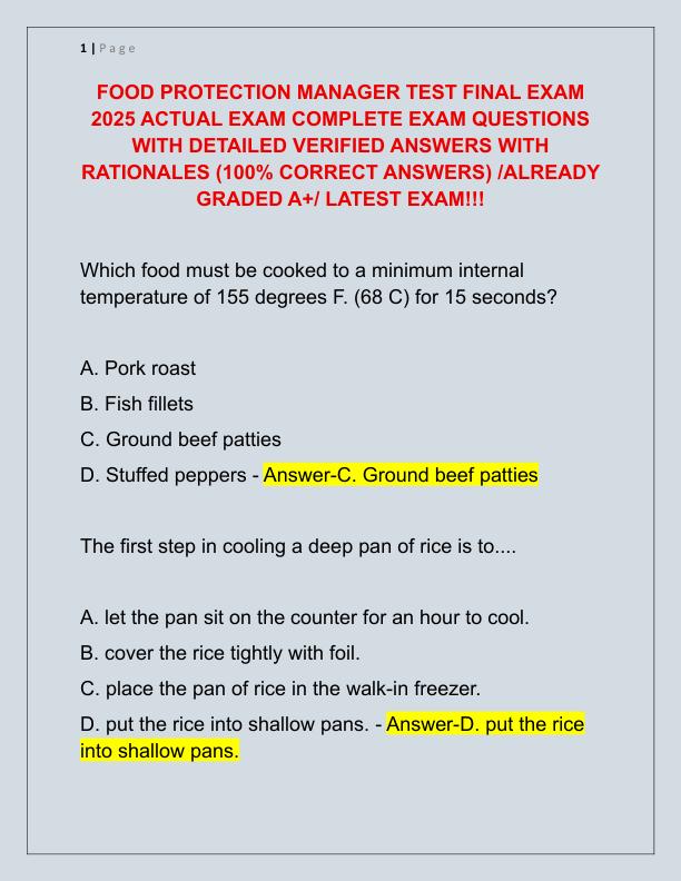 FOOD PROTECTION MANAGER TEST FINAL EXAM 2025 ACTUAL EXAM COMPLETE EXAM QUESTIONS WITH DETAILED VERIFIED ANSWERS WITH RATIONALES
