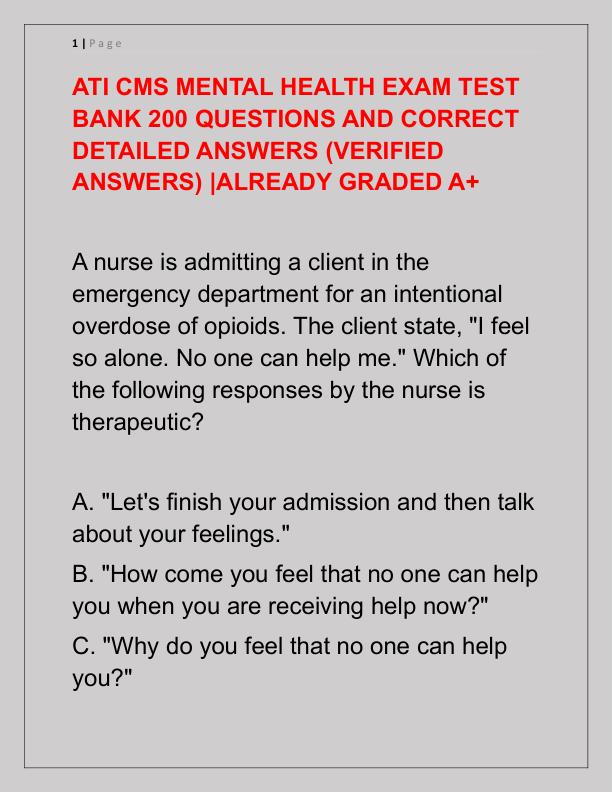 ATI CMS MENTAL HEALTH EXAM TEST BANK 200 QUESTIONS AND CORRECT DETAILED ANSWERS