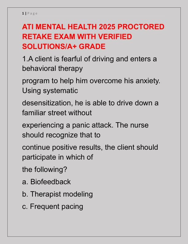 ATI MENTAL HEALTH 2025 PROCTORED RETAKE EXAM WITH VERIFIED SOLUTIONS