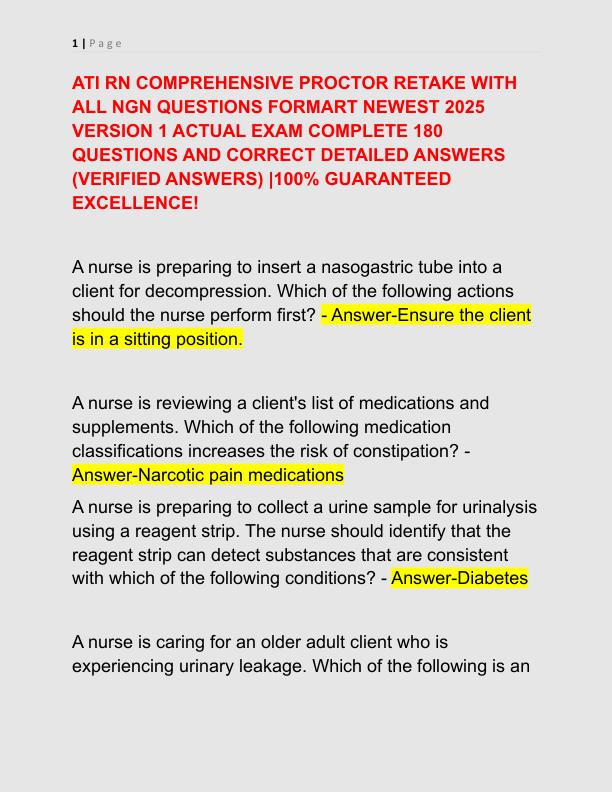 ATI RN COMPREHENSIVE PROCTOR RETAKE WITH ALL NGN QUESTIONS FORMART NEWEST 2025 VERSION 1 ACTUAL EXAM COMPLETE 180 QUESTIONS AND CORRECT DETAILED ANSWERS