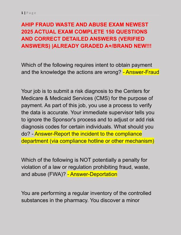 AHIP FRAUD WASTE AND ABUSE EXAM NEWEST 2025 ACTUAL EXAM COMPLETE 150 QUESTIONS AND CORRECT DETAILED ANSWERS