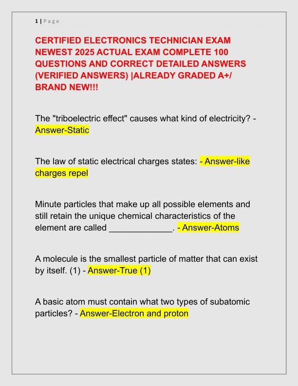 CERTIFIED ELECTRONICS TECHNICIAN EXAM NEWEST 2025 ACTUAL EXAM COMPLETE 100 QUESTIONS AND CORRECT DETAILED ANSWERS