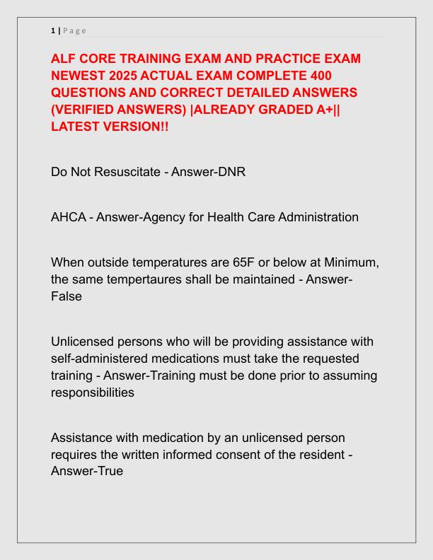 ALF CORE TRAINING EXAM AND PRACTICE EXAM NEWEST 2025 ACTUAL EXAM COMPLETE 400 QUESTIONS AND CORRECT DETAILED ANSWERS