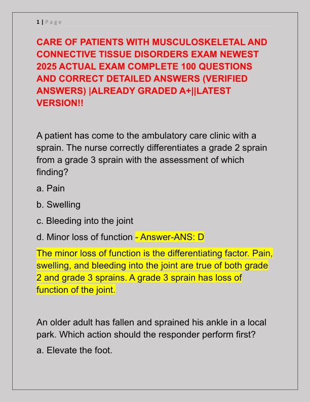 CARE OF PATIENTS WITH MUSCULOSKELETAL AND CONNECTIVE TISSUE DISORDERS EXAM NEWEST 2025 ACTUAL EXAM COMPLETE 100 QUESTIONS AND CORRECT DETAILED ANSWERS