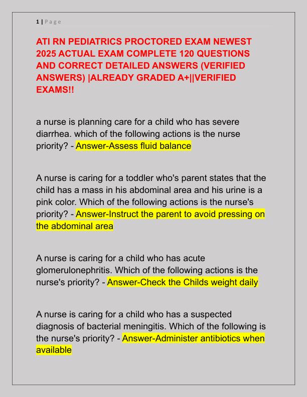 ATI RN PEDIATRICS PROCTORED EXAM NEWEST 2025 ACTUAL EXAM COMPLETE 120 QUESTIONS AND CORRECT DETAILED ANSWERS