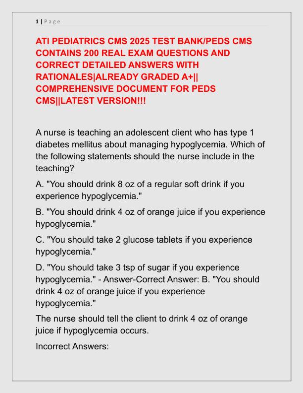 ATI PEDIATRICS CMS 2025 TEST BANK