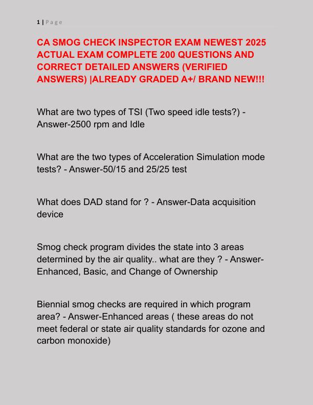 CA SMOG CHECK INSPECTOR EXAM NEWEST 2025 ACTUAL EXAM COMPLETE 200 QUESTIONS AND CORRECT DETAILED ANSWERS