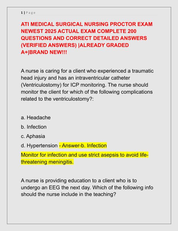ATI MEDICAL SURGICAL NURSING PROCTOR EXAM NEWEST 2025 ACTUAL EXAM COMPLETE 200 QUESTIONS AND CORRECT DETAILED ANSWERS