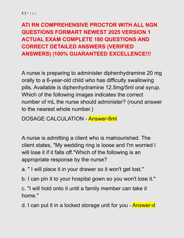 ATI RN COMPREHENSIVE PROCTOR WITH ALL NGN QUESTIONS FORMART NEWEST 2025 VERSION 1 ACTUAL EXAM COMPLETE 180 QUESTIONS AND CORRECT DETAILED ANSWERS
