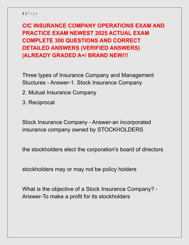 CIC INSURANCE COMPANY OPERATIONS EXAM AND PRACTICE EXAM NEWEST 2025 ACTUAL EXAM COMPLETE 300 QUESTIONS AND CORRECT DETAILED ANSWERS