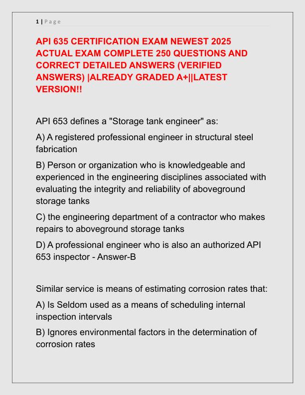 API 635 CERTIFICATION EXAM NEWEST 2025 ACTUAL EXAM COMPLETE 250 QUESTIONS AND CORRECT DETAILED ANSWERS