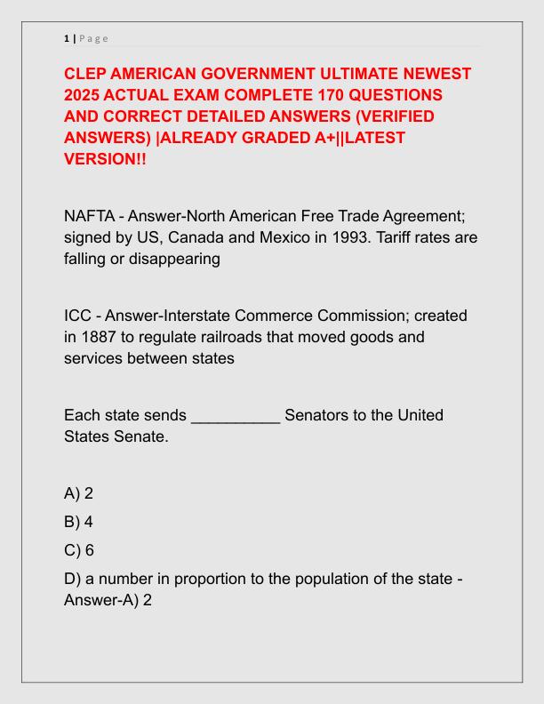 CLEP AMERICAN GOVERNMENT ULTIMATE NEWEST 2025 ACTUAL EXAM COMPLETE 170 QUESTIONS AND CORRECT DETAILED ANSWERS