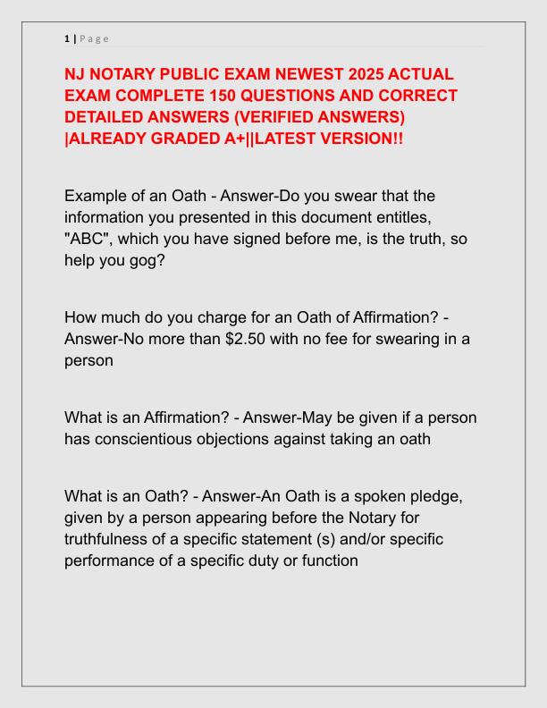 NJ NOTARY PUBLIC EXAM NEWEST 2025 ACTUAL EXAM COMPLETE 150 QUESTIONS AND CORRECT DETAILED ANSWERS
