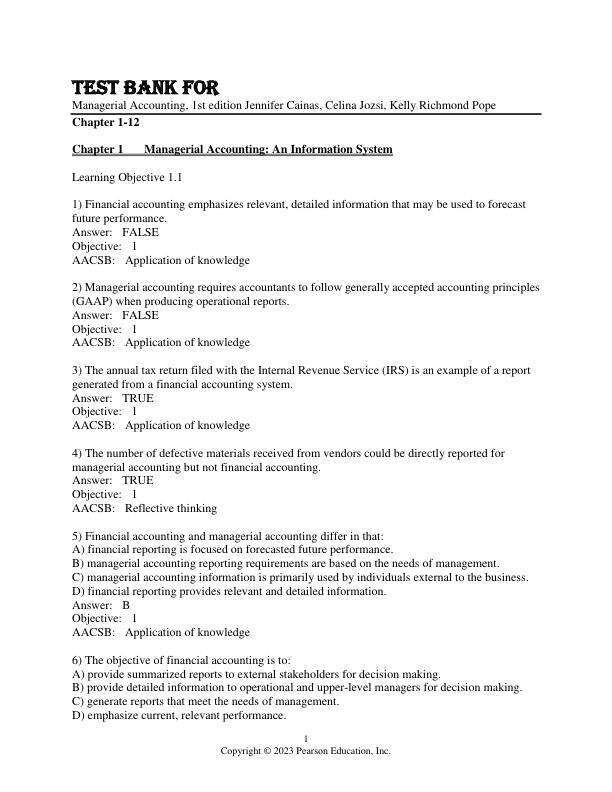 Test Bank For Managerial Accounting, 1st Edition by Jennifer Cainas, Celina Jozsi, Kelly Richmond Pope Chapter 1-12
