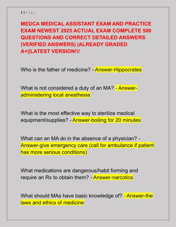 MEDCA MEDICAL ASSISTANT EXAM AND PRACTICE EXAM NEWEST 2025 ACTUAL EXAM COMPLETE 500 QUESTIONS AND CORRECT DETAILED ANSWERS